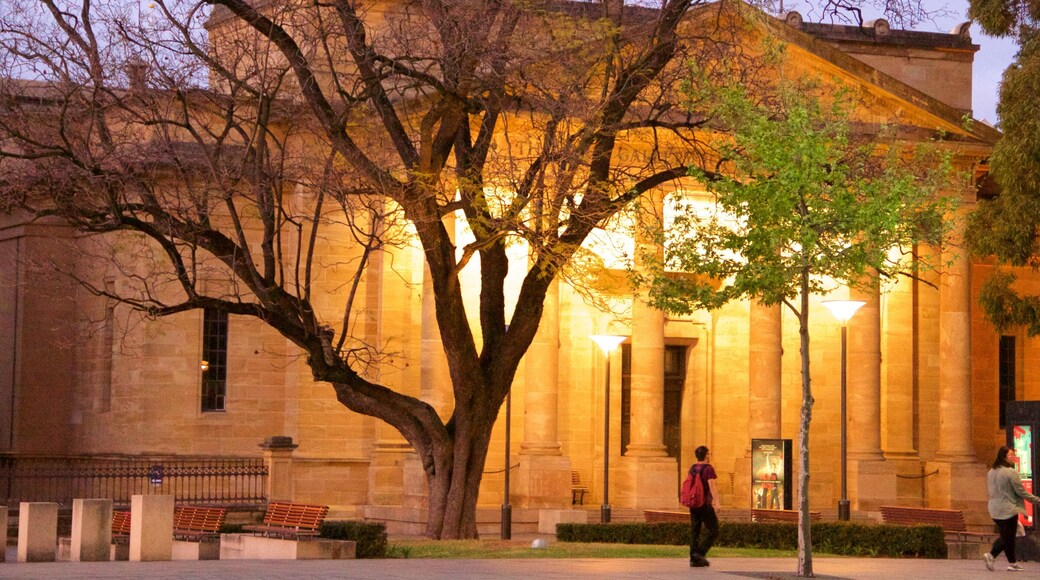 South Australian Museum mostrando paesaggio notturno e architettura d\'epoca