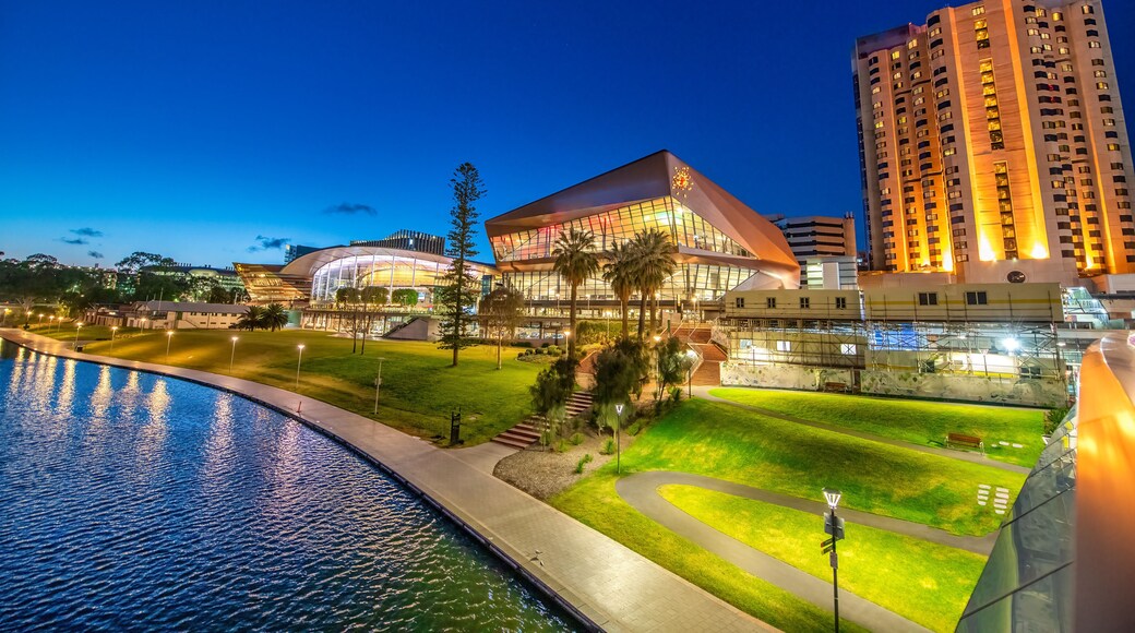 Adelaide Karrawirra Parri river and convention center area at night, South Australia.