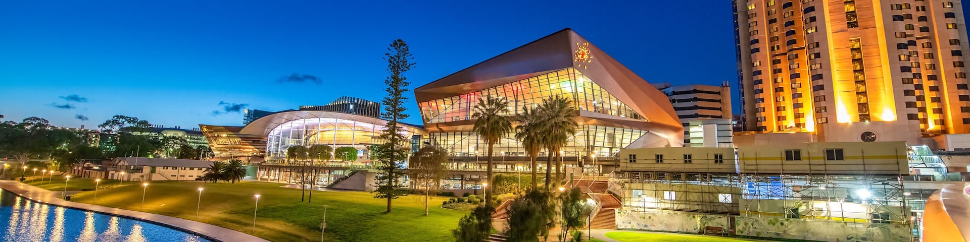 Adelaide Karrawirra Parri river and convention center area at night, South Australia.