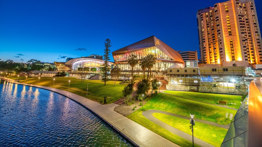 Adelaide Karrawirra Parri river and convention center area at night, South Australia.