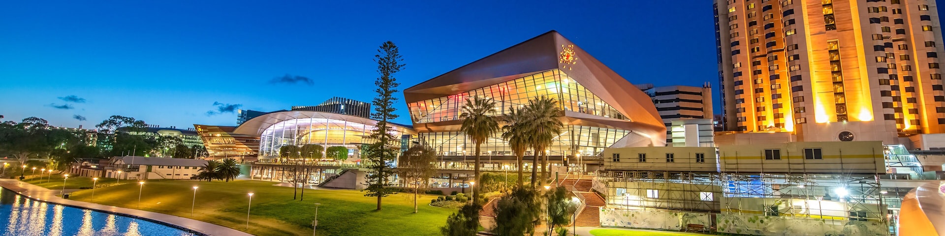 Adelaide Karrawirra Parri river and convention center area at night, South Australia.