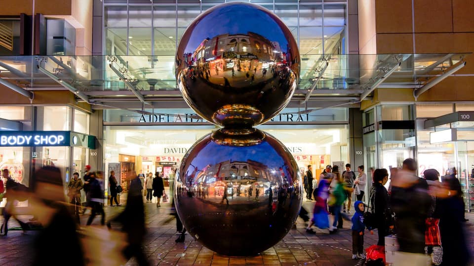 Rundle Mall featuring shopping, outdoor art and signage