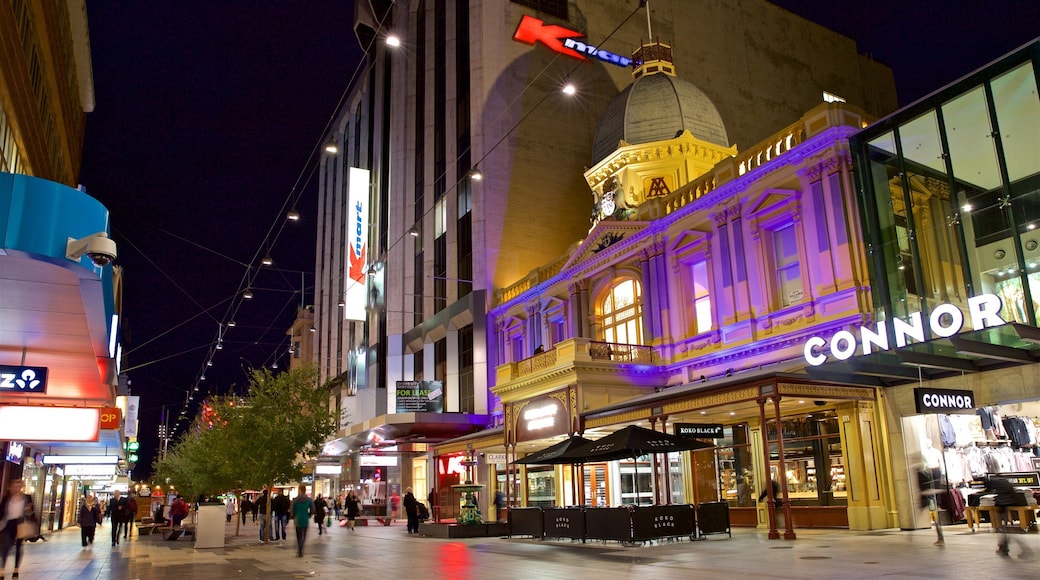Rundle Mall which includes night scenes and a city
