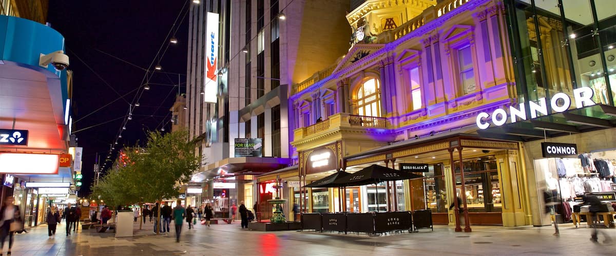Rundle Mall which includes night scenes and a city