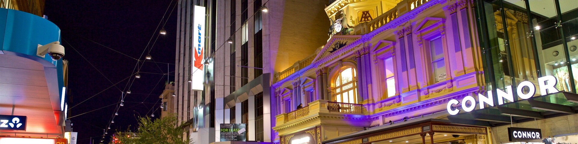 Rundle Mall which includes night scenes and a city