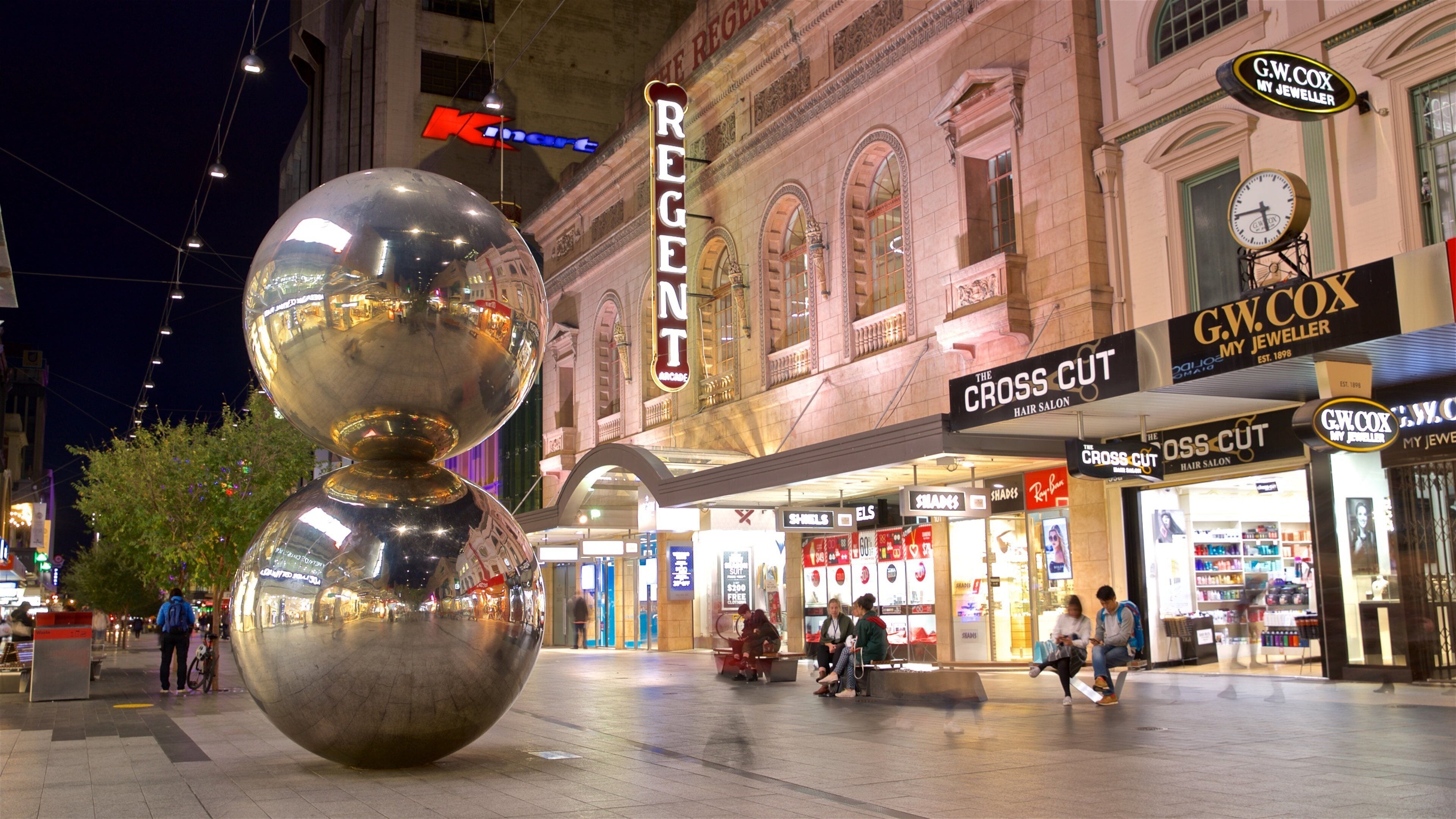 Rundle Mall showing night scenes and outdoor art