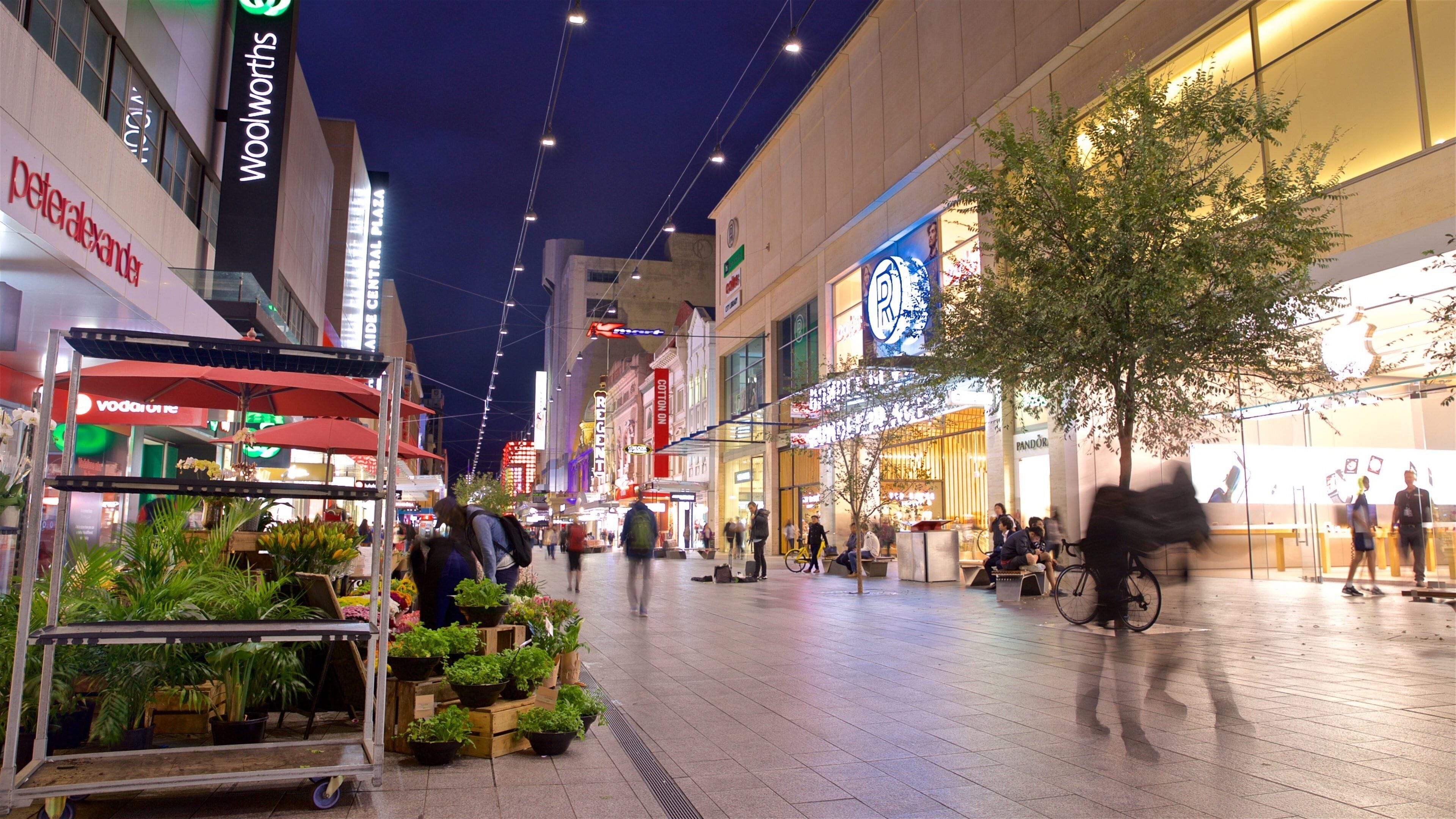 Rundle Mall which includes night scenes and a city