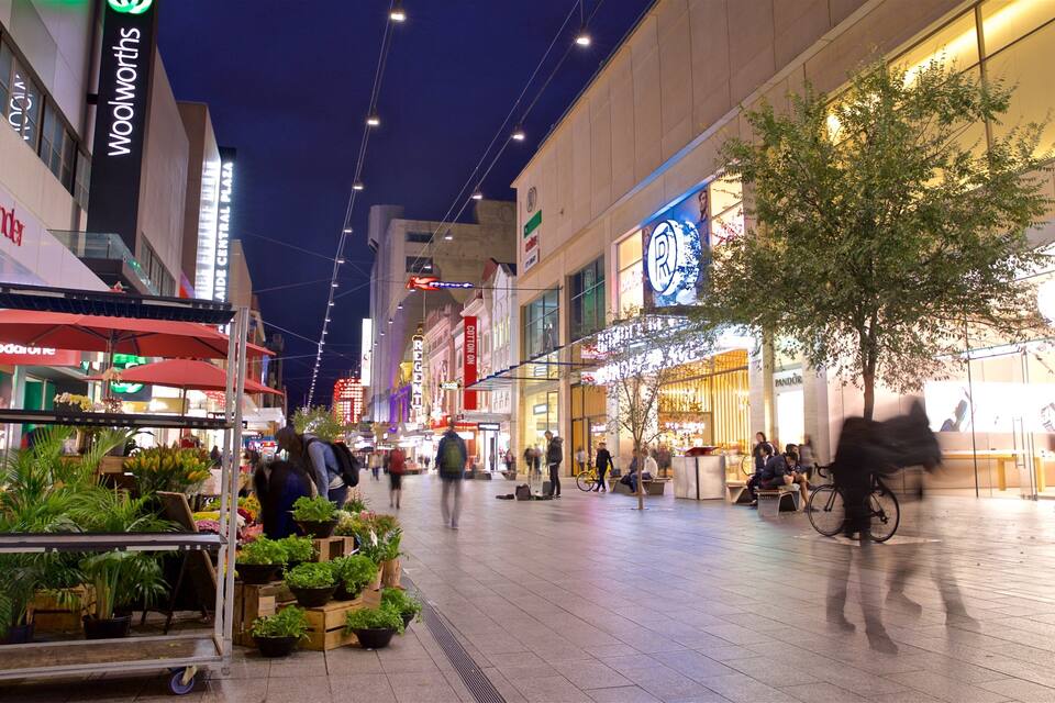 A bustling urban shopping area with various stores, including a plant shop and a food stall.