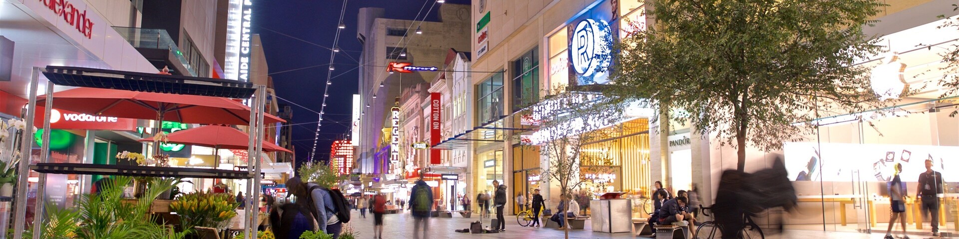 Rundle Mall which includes night scenes and a city