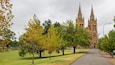 A cathedral with twin spires, surrounded by autumn trees and a paved pathway.