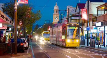 Glenelg Beach which includes night scenes, a city and street scenes