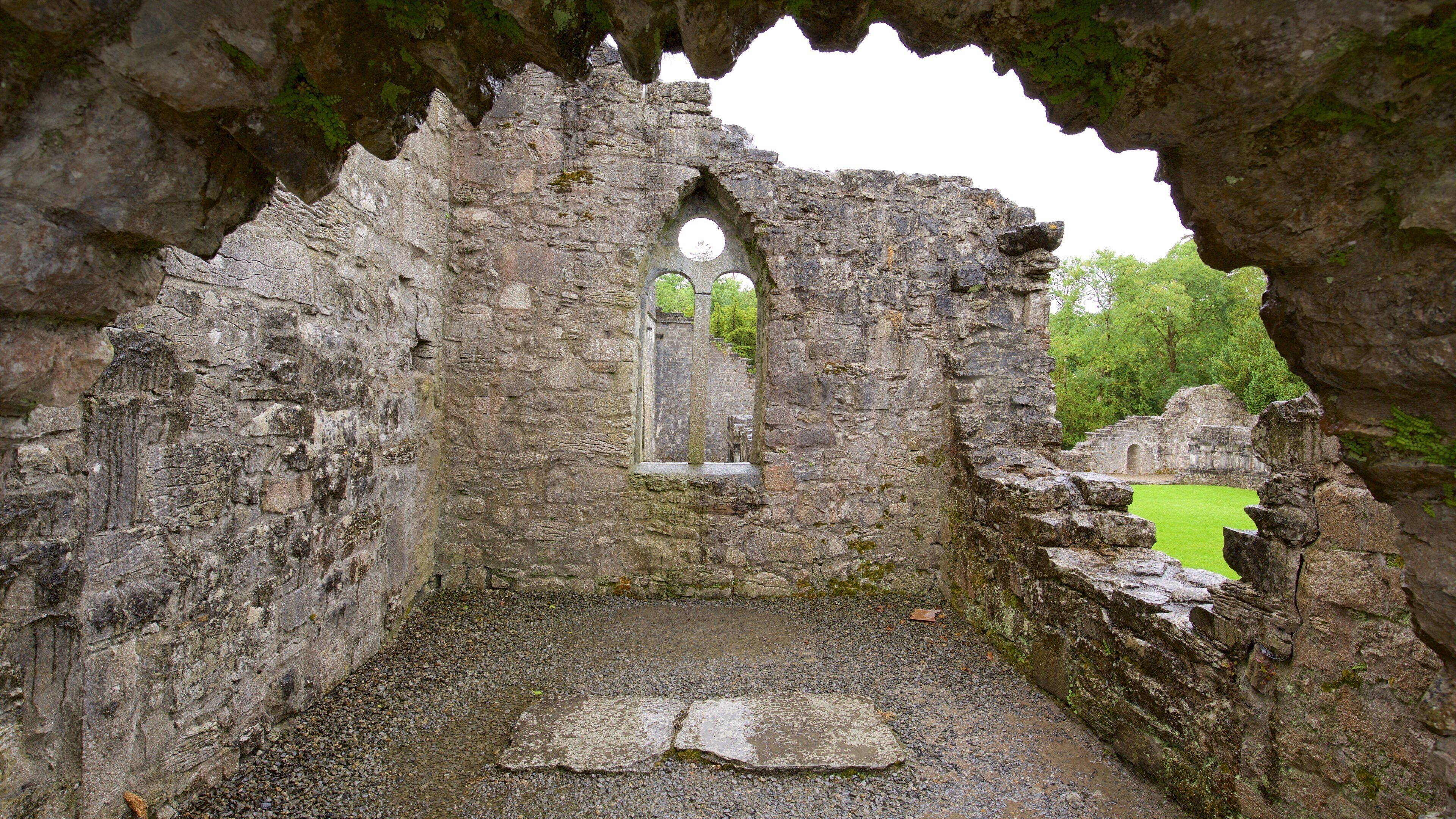 A stone archway with a circular window, surrounded by ruins and greenery.