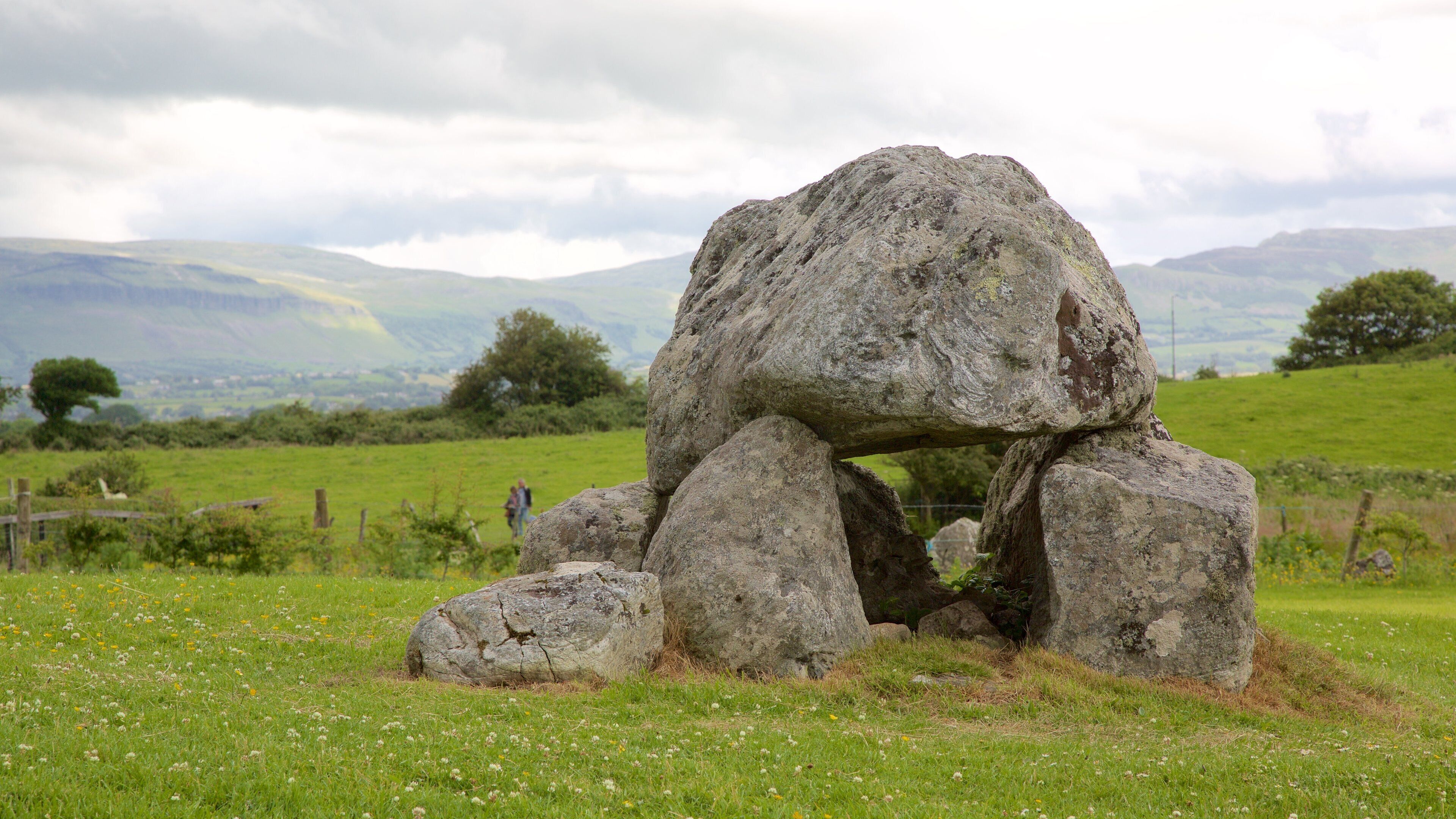 Una estructura de piedras verticales en un campo cubierto de hierba, con colinas al fondo.