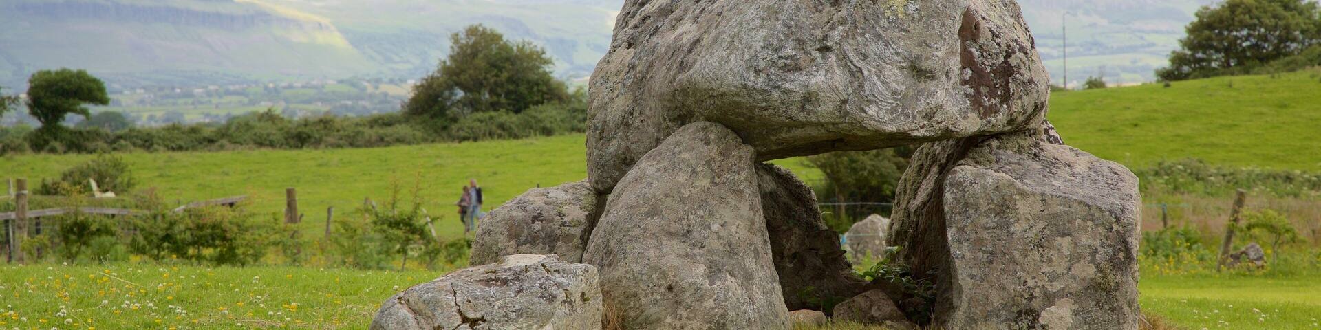 A standing stone structure in a grassy field with hills in the background.