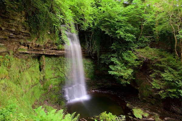 Une cascade se jetant dans un petit bassin, entouré d’une végétation luxuriante et de falaises rocheuses.