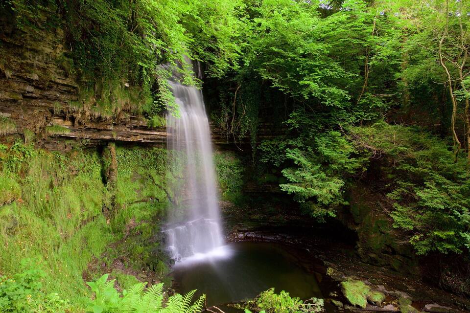 Una cascada se precipita en una pequeña poza rodeada de abundante follaje verde y acantilados rocosos.