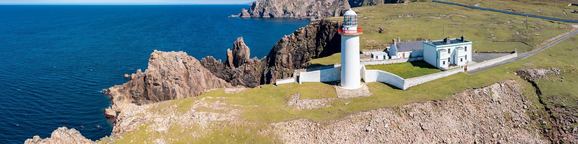 Aerial view of the lighthouse on the island of Arranmore in County Donegal, Ireland