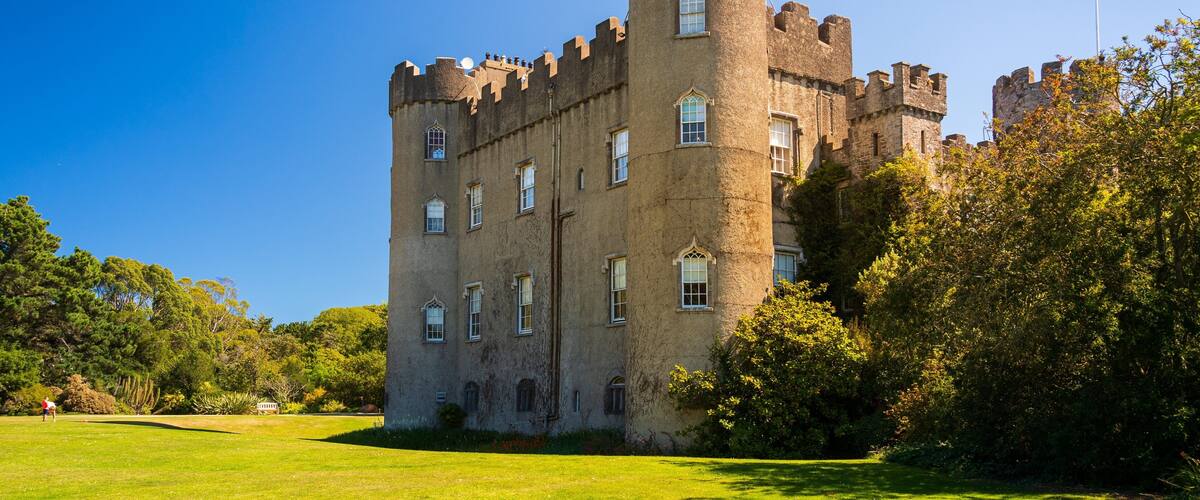 Malahide Castle which includes heritage architecture and a castle
