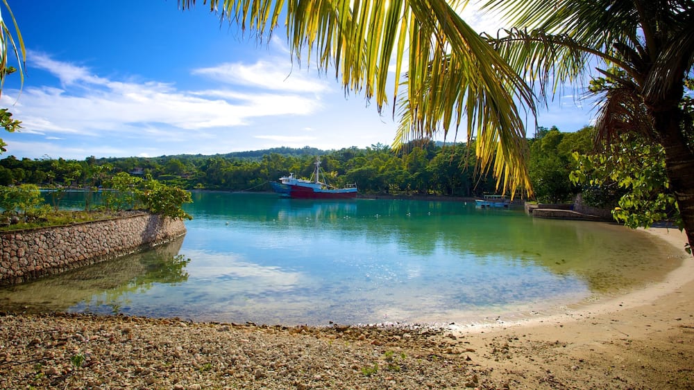 James Bond Beach showing boating, a sandy beach and tropical scenes