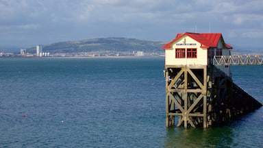 Un phare se dresse sur une jetée, coiffé d’un toit rouge, et offre une vue sur une mer calme et sur les contours d’une ville lointaine.