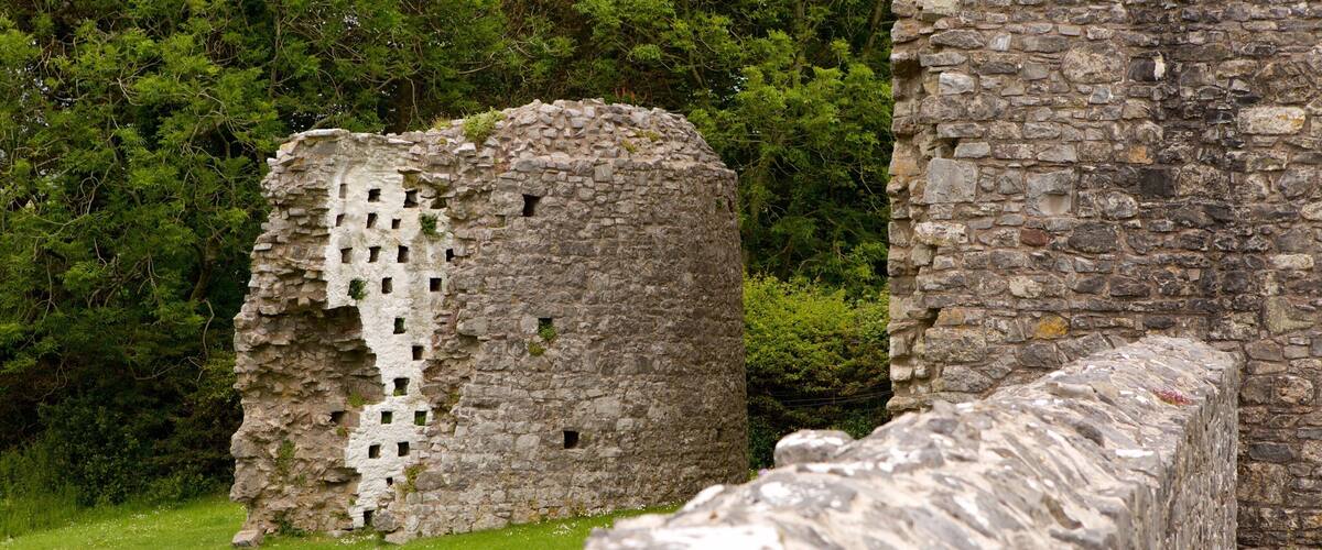 A stone ruin with multiple openings, surrounded by greenery.