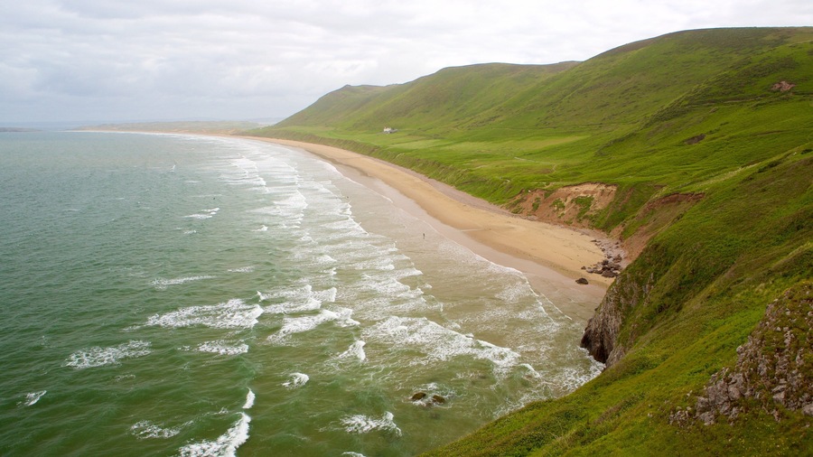 Rhossili Beach featuring a beach and landscape views