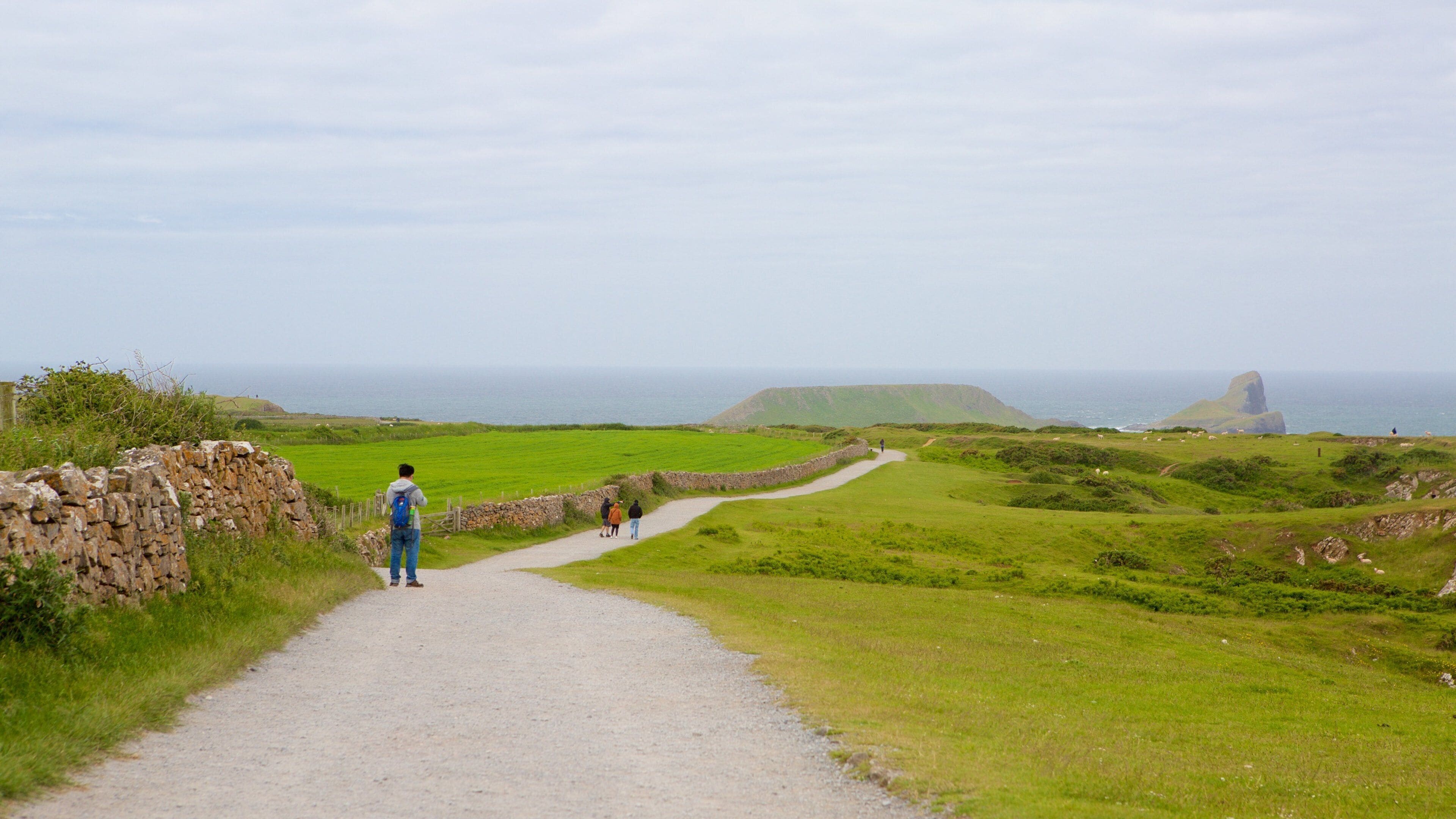 A gravel path leading through a grassy landscape with a stone wall on the left and a rocky outcrop in the distance.