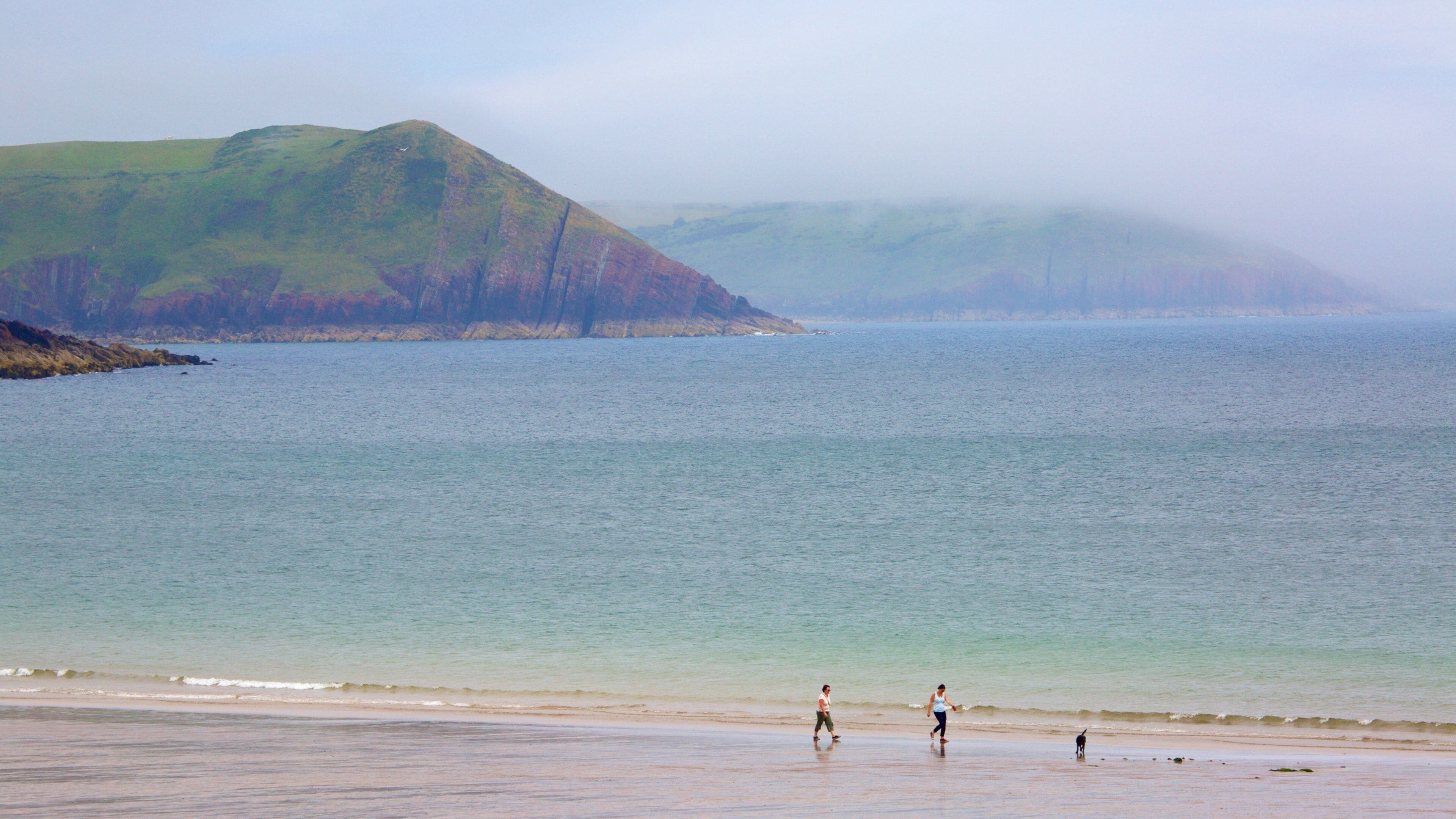 Freshwater East Beach which includes general coastal views, mist or fog and a sandy beach