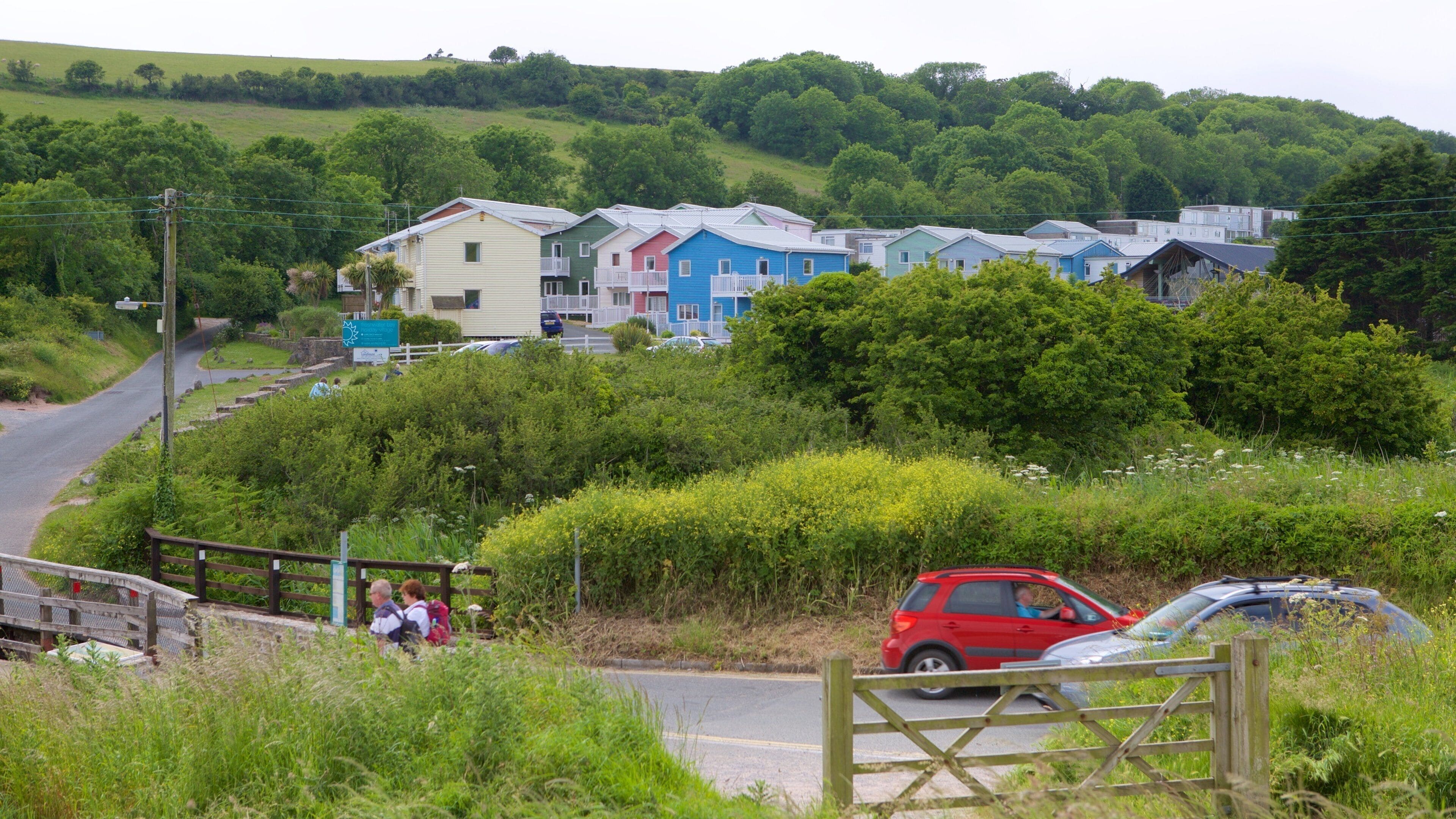 Freshwater East Beach featuring a small town or village