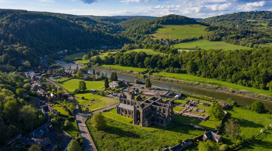 Aerial panoramic view of the ruins of Tintern Abbey, a Cistercian monastry located by the river Wye in South Wales, UK