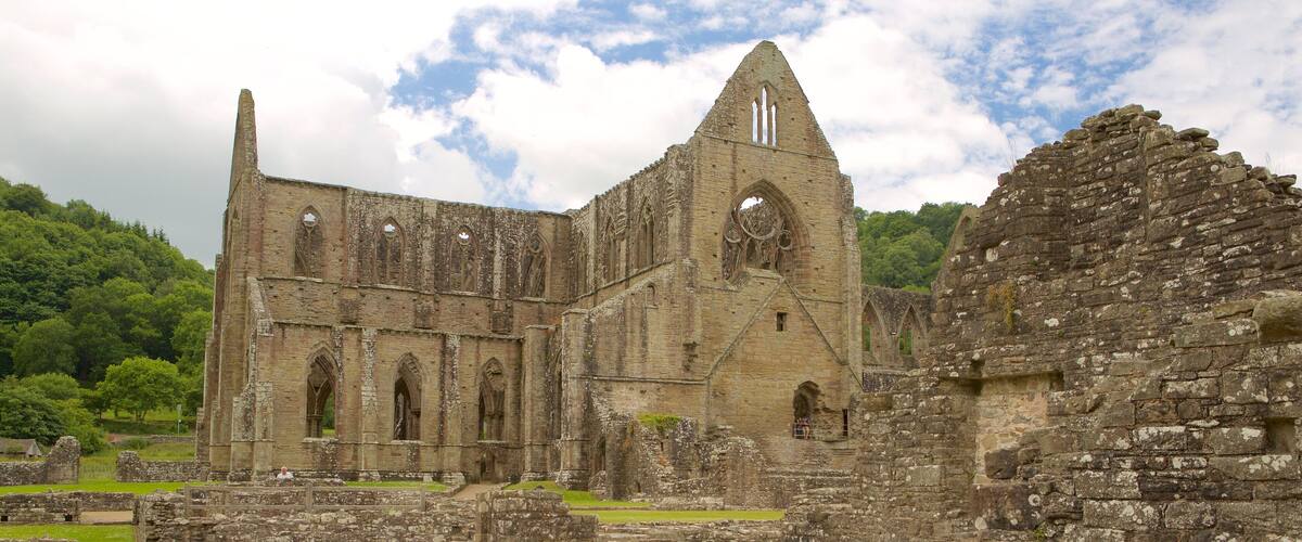 The ruins of a large, historic stone building with multiple arches and a tall, narrow tower.