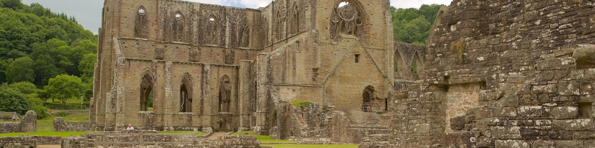 The ruins of a large, historic stone building with multiple arches and a tall, narrow tower.