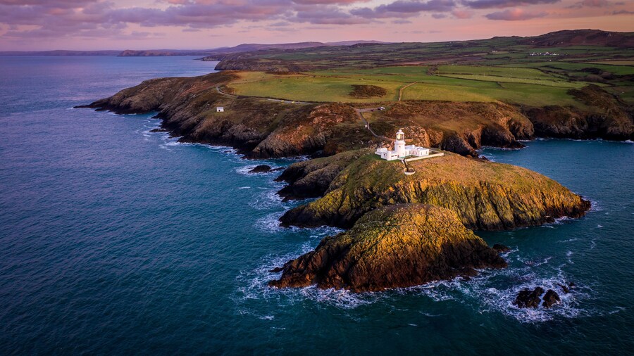 Aerial view of Strumble Head Lighthouse, near Goodwick, Pembrokeshire, Dyfed, Wales, UK