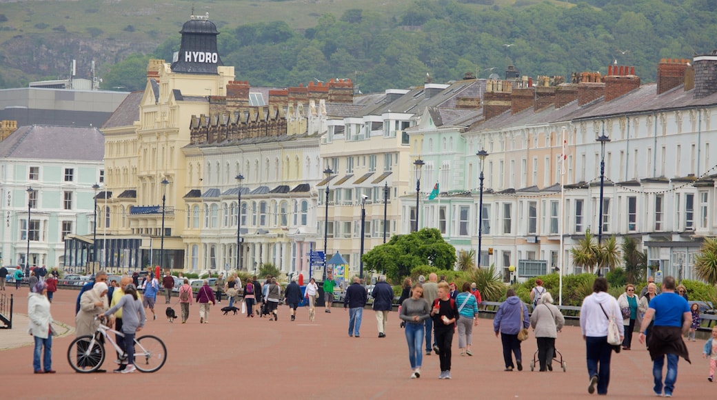 Llandudno inclusief een klein stadje of dorpje en een plein en ook een grote groep mensen