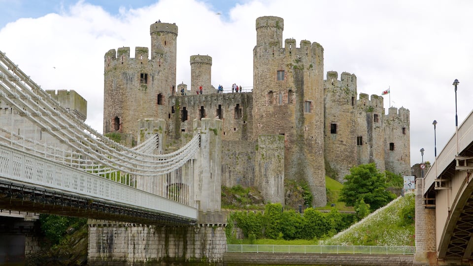 A historic castle with multiple towers and a bridge in the foreground.