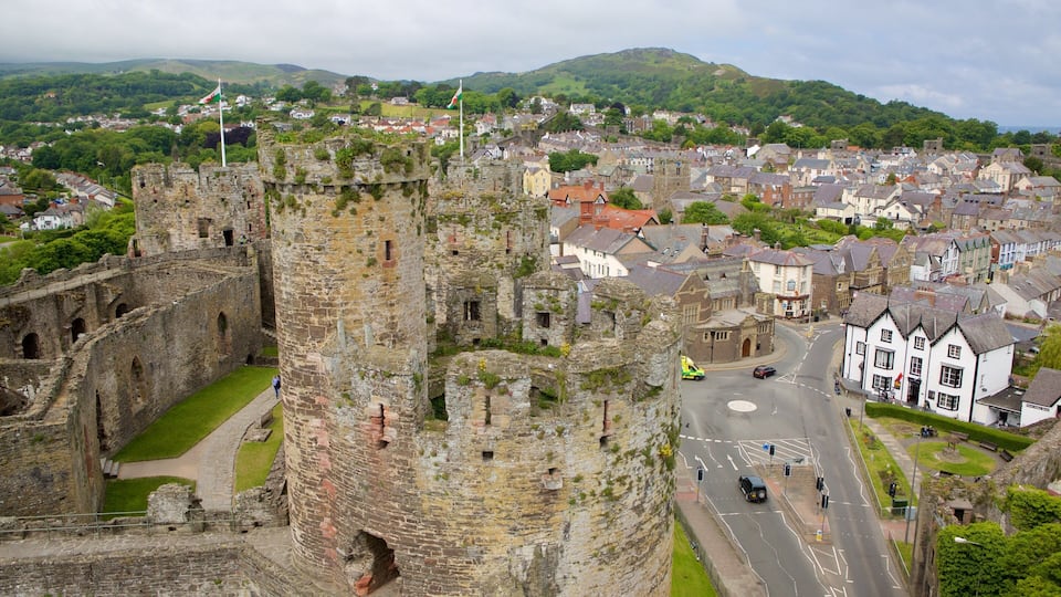 A historic castle surrounded by a town with a river and green hills in the background.