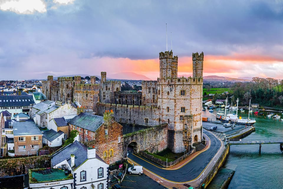 A historic castle with a river, a bridge, and a town with buildings.