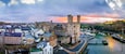 Aerial view of Caernarfon Castle, a medieval fortress in Caernarfon, Gwynedd, north-west Wales