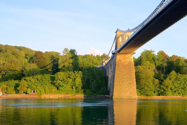 Menai Bridge showing a river or creek, a bridge and heritage elements