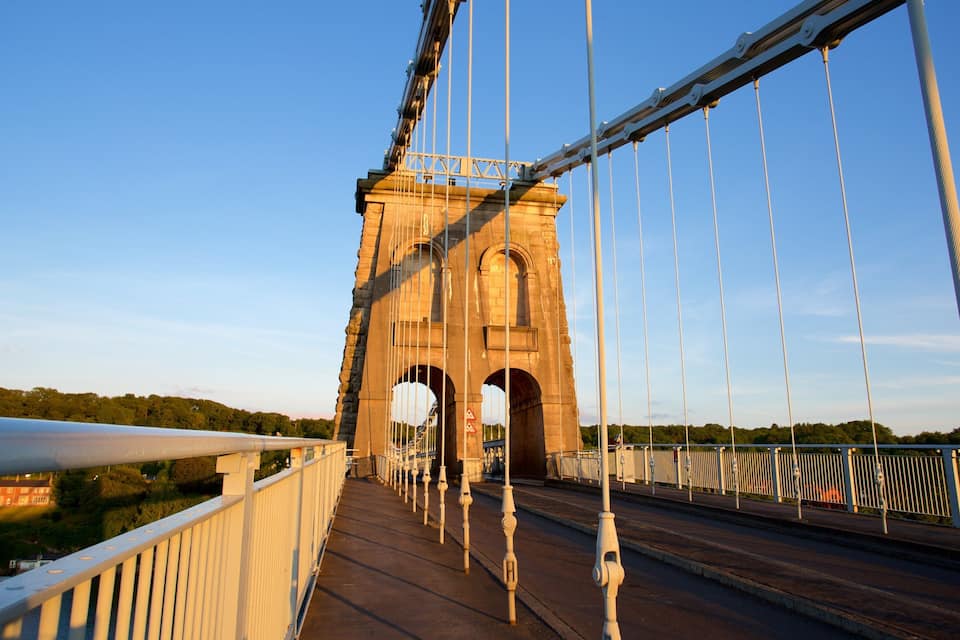 Un pont suspendu avec une tour en pierre et des câbles.