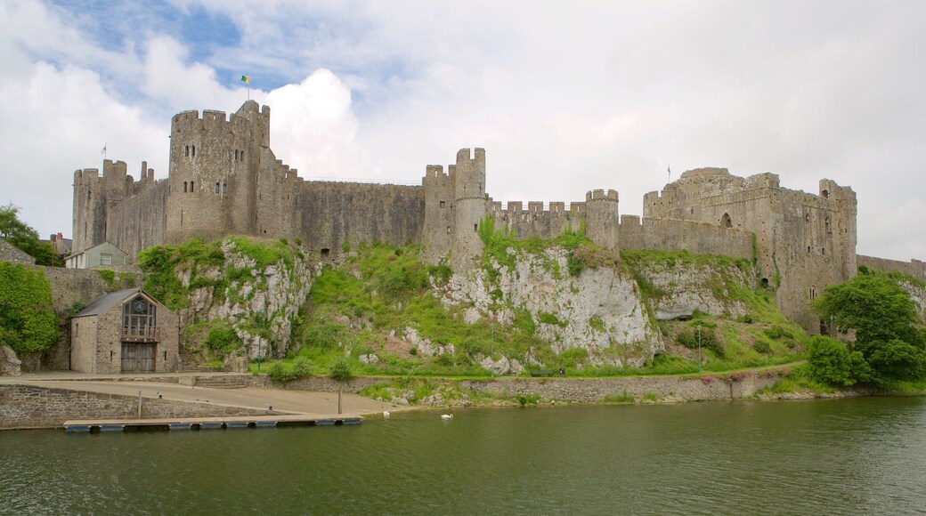Pembroke Castle which includes chateau or palace, a river or creek and heritage elements