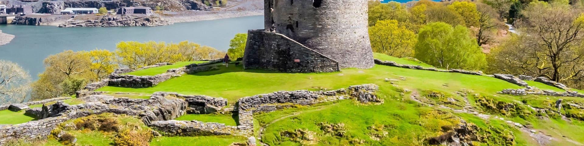 Aerial of Dolbadarn Castle at Llanberis in Snowdonia National Park in Wales