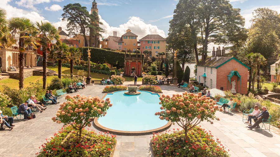 Popular tourist resort of Portmeirion with it's Italian village style architecture in Gwynedd, North Wales.