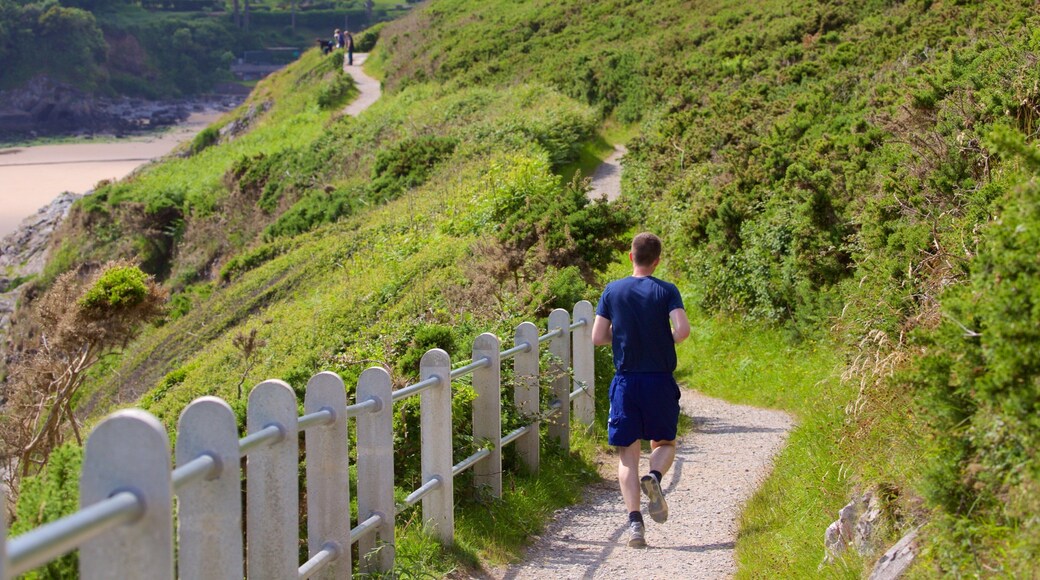 Caswell Bay Beach som viser vandring eller fottur i tillegg til en mann