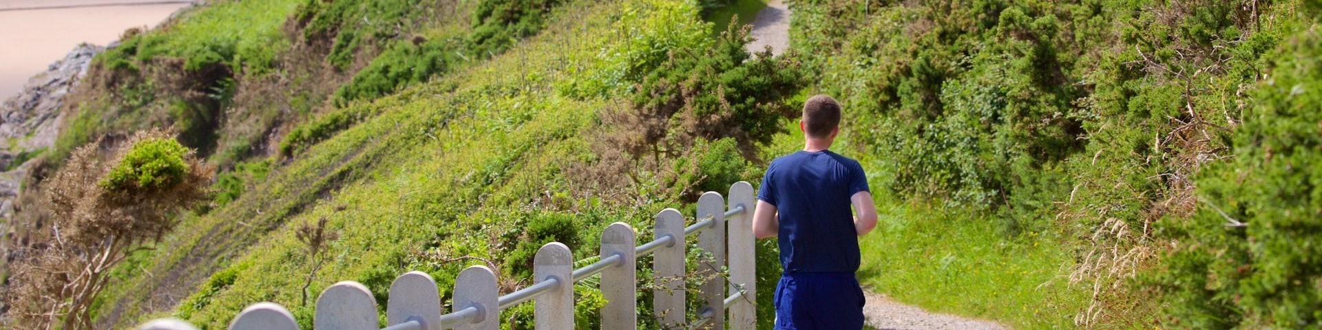 Praia de Caswell Bay caracterizando escalada ou caminhada assim como um homem sozinho