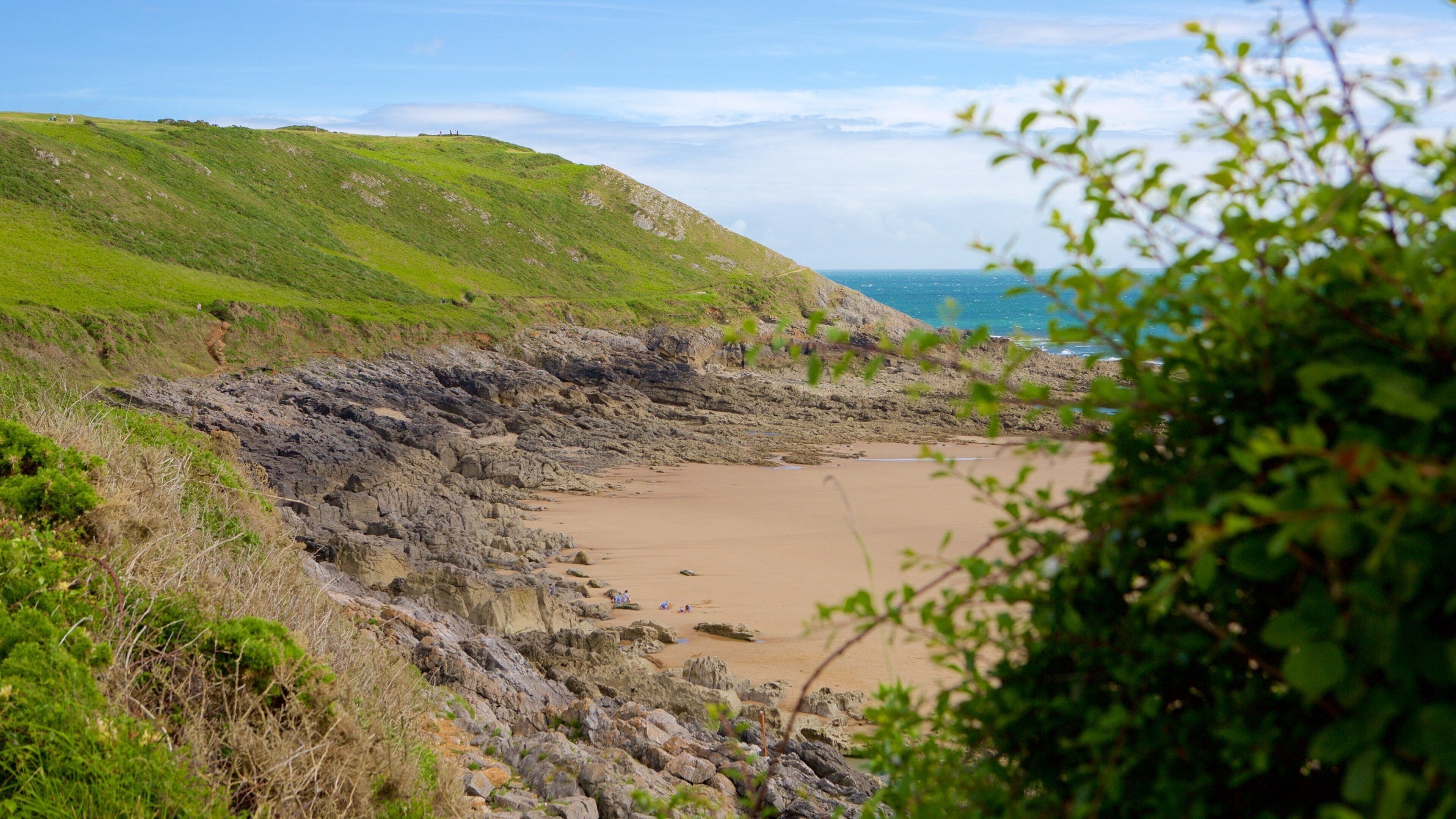 Un paisaje costero con una playa arenosa, acantilados rocosos y colinas verdes.