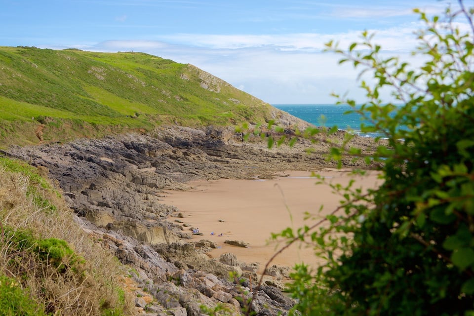 Un paisaje costero con una playa arenosa, acantilados rocosos y colinas verdes.