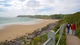 A coastal path with a sandy beach, rocky shoreline, and green hills.