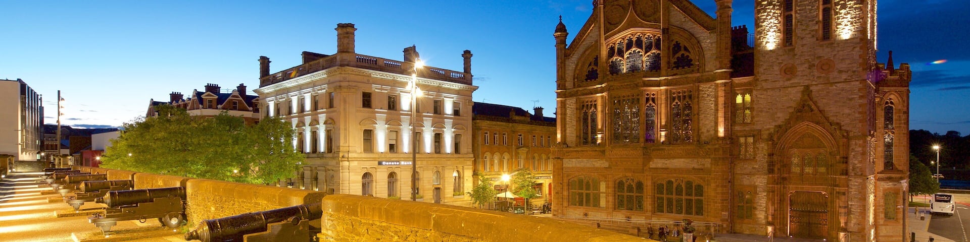 Guildhall which includes night scenes, a church or cathedral and heritage elements