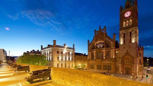 Guildhall showing a church or cathedral, heritage elements and night scenes